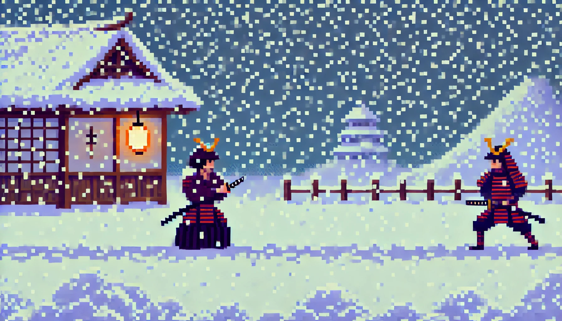 Pixel art of samurai in snowly dojo